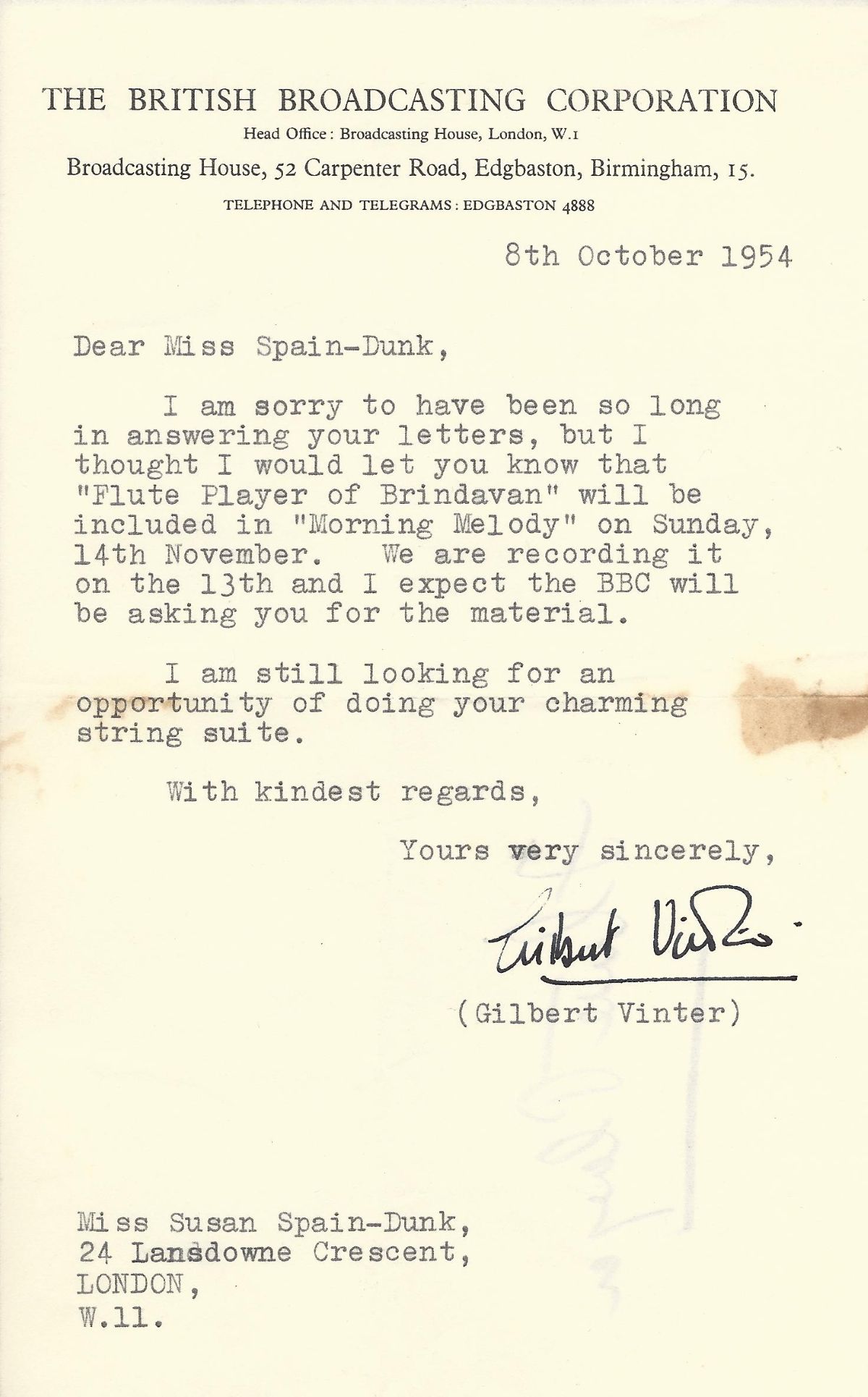 A letter from composer and conductor Gilbert Vinter to Susan Spain-Dunk, explaining that The Flute Player of Brindavan will soon be recorded and broadcast by the BBC.