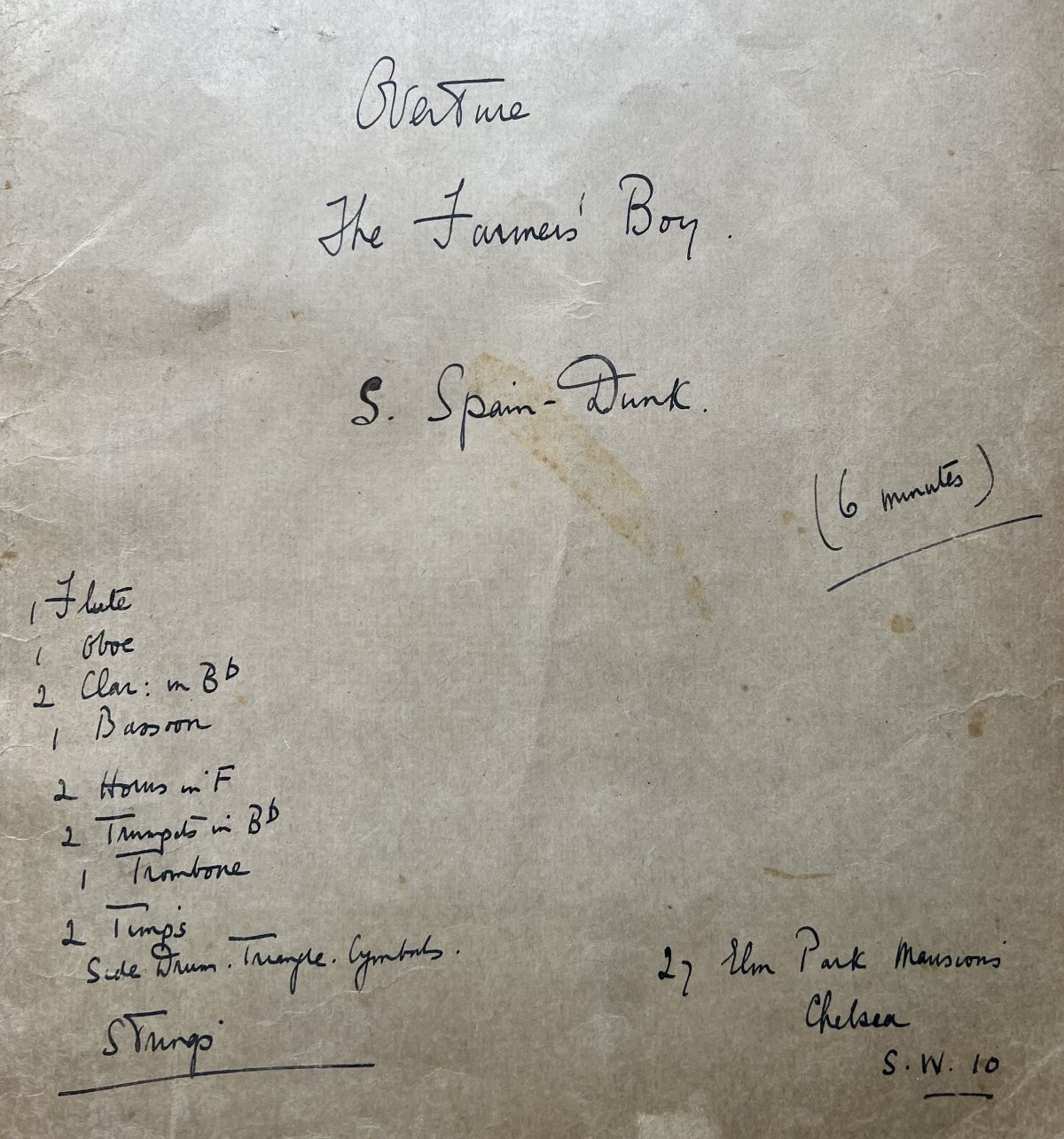 Front page of manuscript for The Farmer's Boy Overture by Susan Spain-Dunk