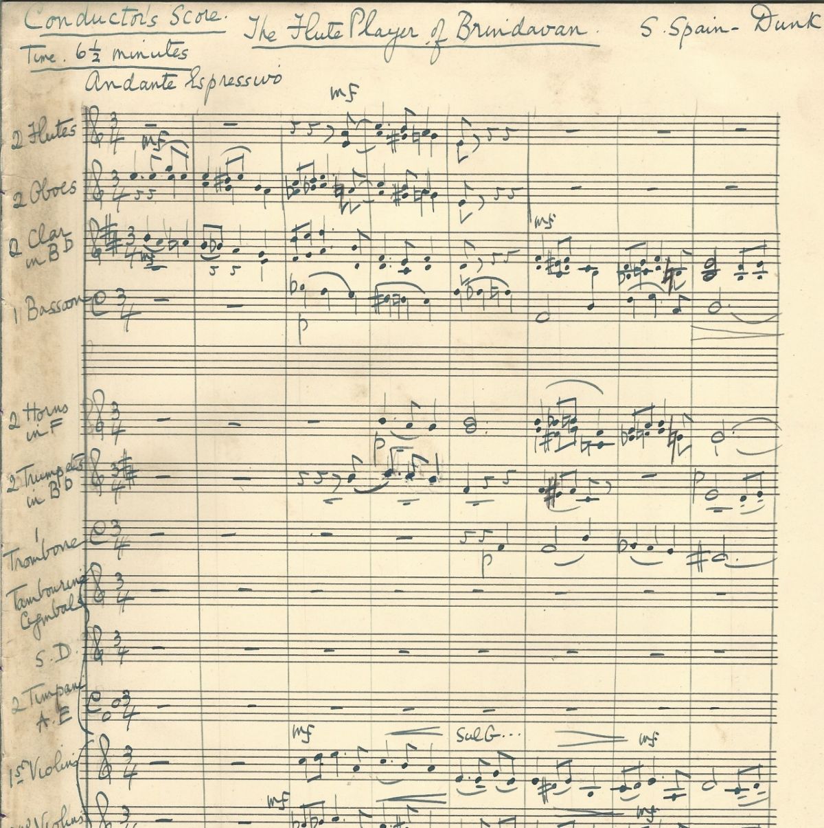 An excerpt from the manuscript of The Flute Player of Brindavan, from the conductor's score showing the first few bars of the work.