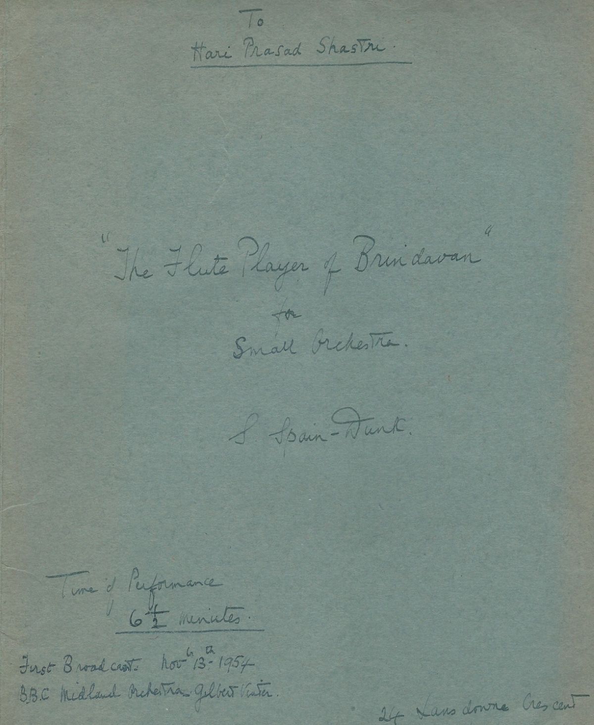 Part of the cover of the manuscript of The Flute Player of Brindavan by Susan Spain-Dunk, with a dedication to Hari Prasad Shastri.
