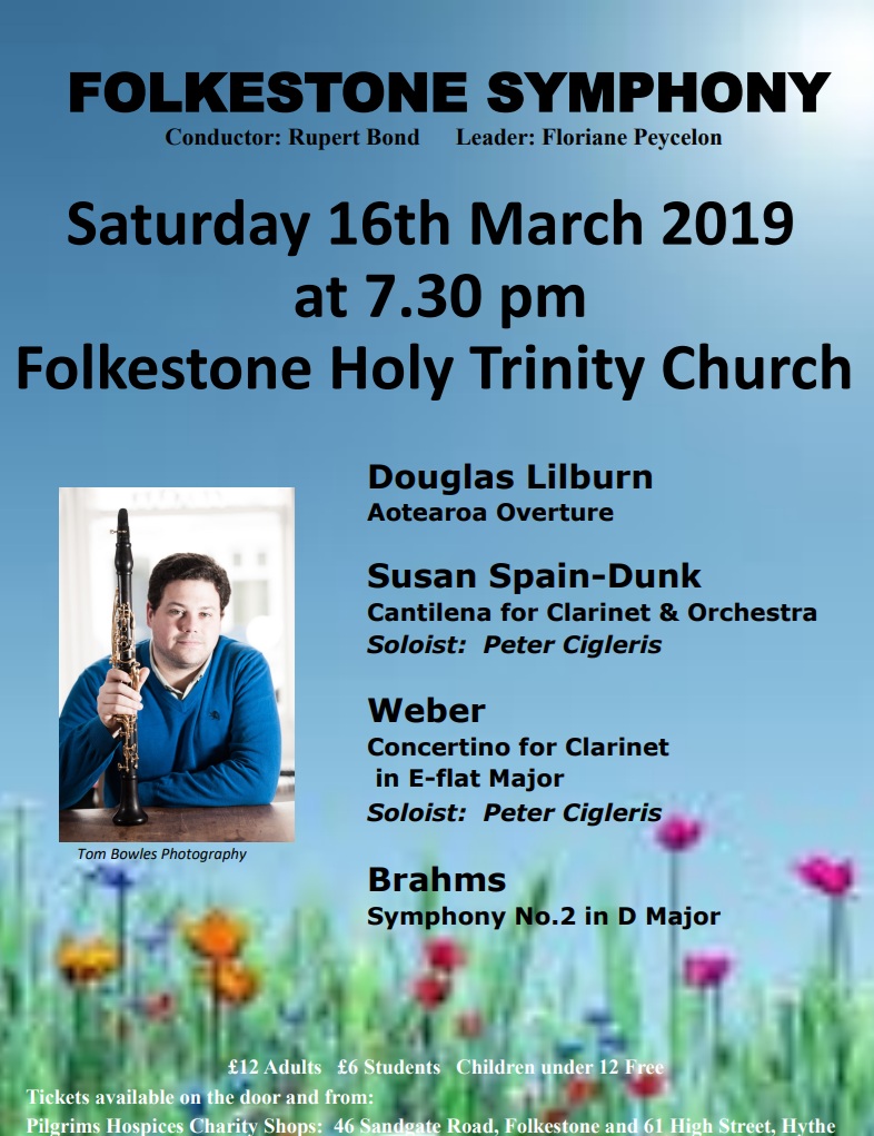 Poster advertising concert by Folkestone Symphony Orchestra and Peter Cigleris including a performance of Cantilena.