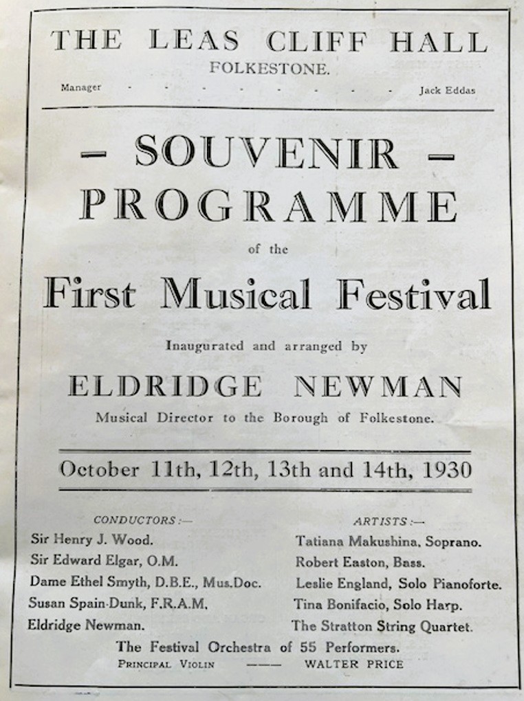 Programme for musical festival in Folkestone in 1930, including Sir Edward Elgar, Sir Henry Wood, Dame Ethel Smyth and Susan Spain-Dunk
