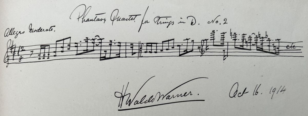 An autograph by Harry Waldo Warner including his signature and a short excerpt of his music, from the autograph book of Susan Spain-Dunk