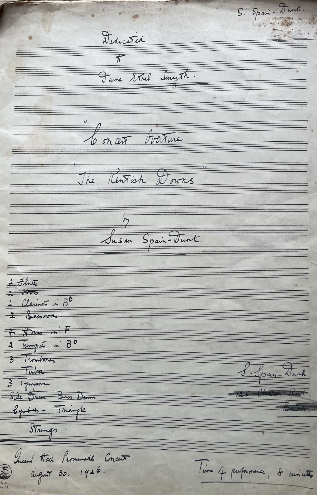 First page of manuscript of The Kentish Downs Overture by Susan Spain-Dunk