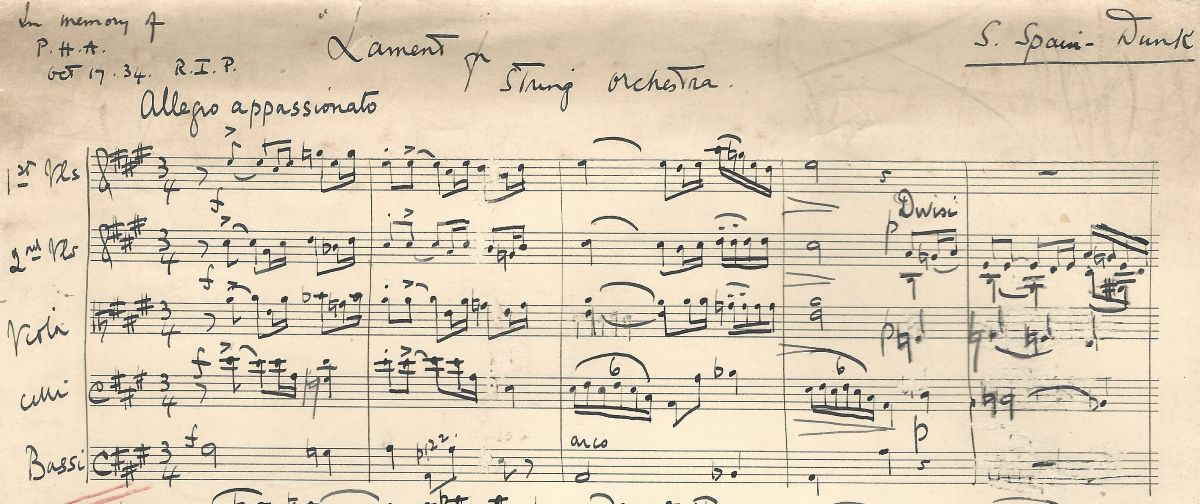An excerpt of the manuscript for Lament for string orchestra by Susan Spain-Dunk, showing the title, Susan's signature and a dedication to P.H.A. 17th October 1934, R.I.P.