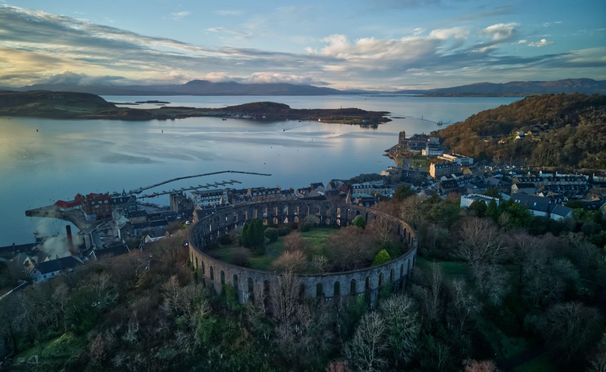 Photograph of Oban, Scotland, with the island of Kerrera in the middle distance.