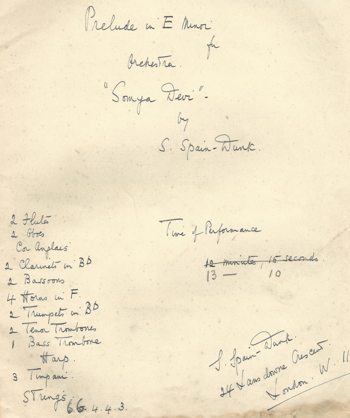 First page of manuscript for Somya Devi by Susan Spain-Dunk, with her signature and list of instruments.