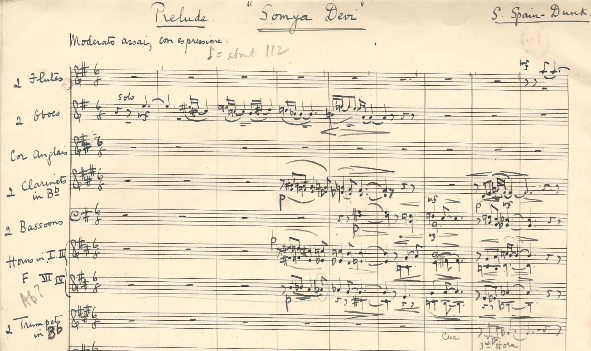 Excerpt of manuscript for Somya Devi by Susan Spain-Dunk, showing part of conductor score for the start of the work.