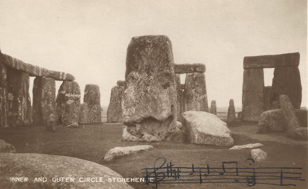 Postcard showing a photograph of Stonehenge, with a short musical phrase from her composition written on it by Susan Spain-Dunk