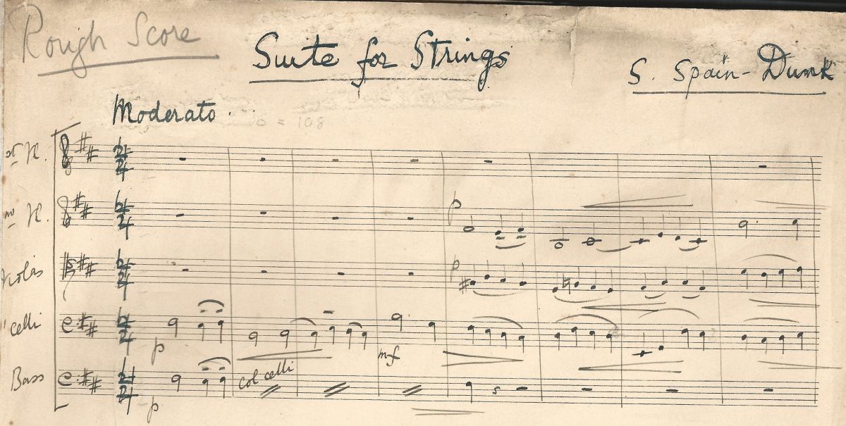 First section of manuscript of Suite for string orchestra by Susan Spain-Dunk