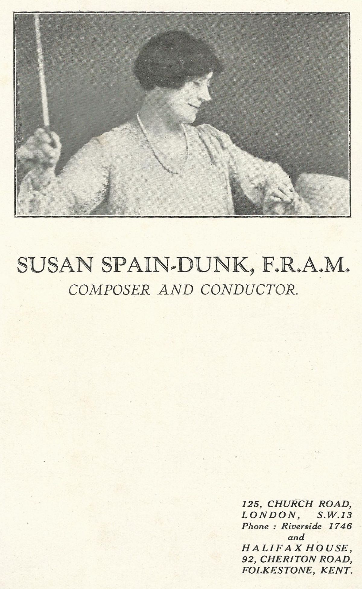 A promotional leaflet from 1930 with a photograph of Susan Spain-Dunk and her address.