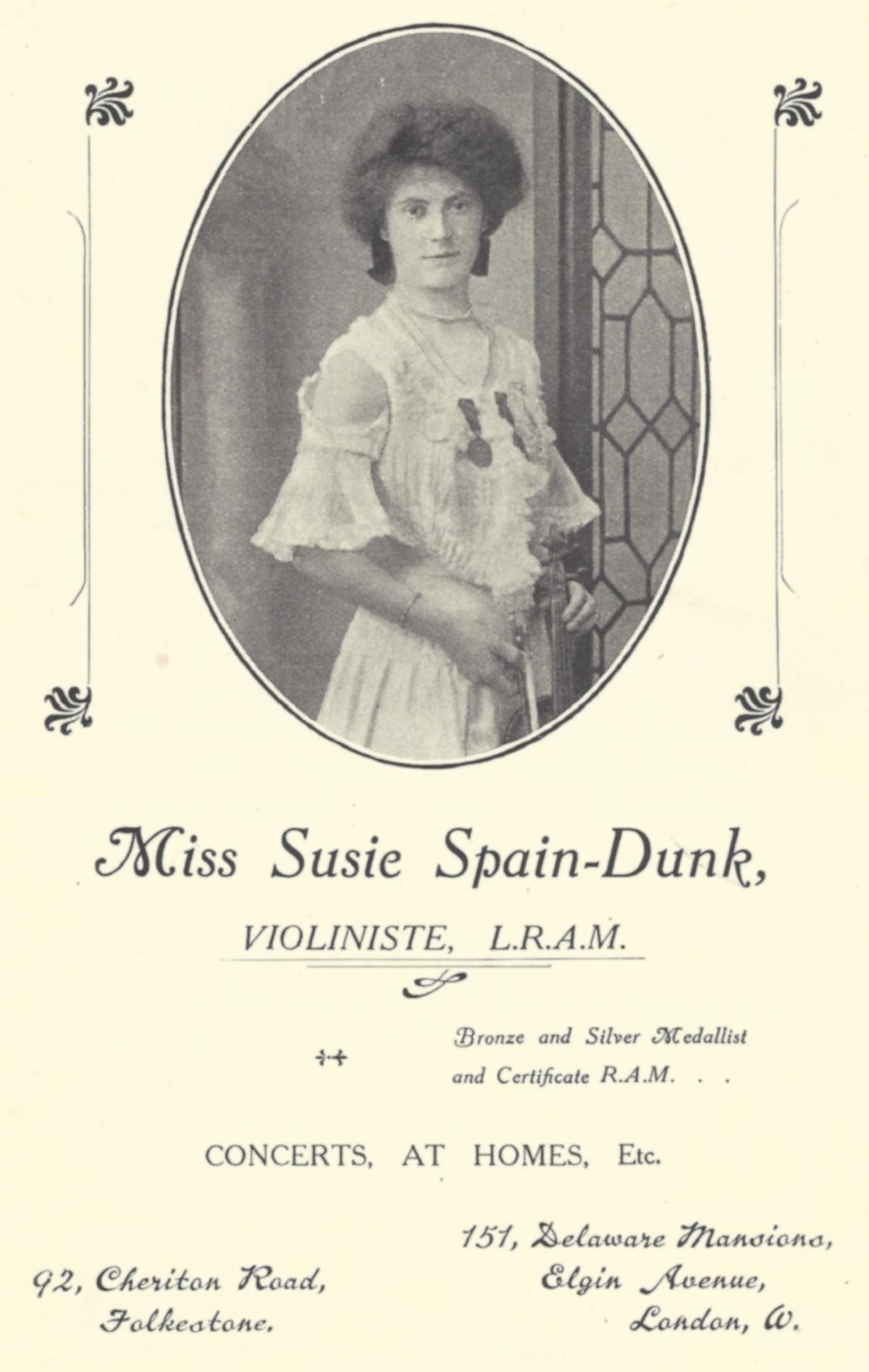 Promotional leaflet for Susan Spain-Dunk including her photograph and address