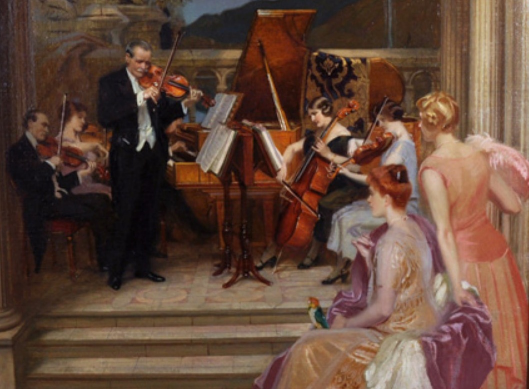Part of a painting, The Concert Party by Frank Salisbury, showing Walter Willson Cobbett playing with his ensemble which includes Susan Spain-Dunk