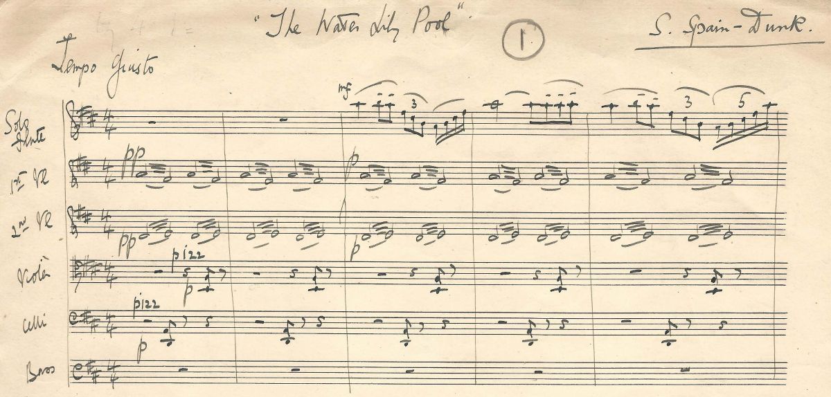 First line of manuscript of Water Lily Pool for Flute solo and String Orchestra, by Susan Spain-Dunk.