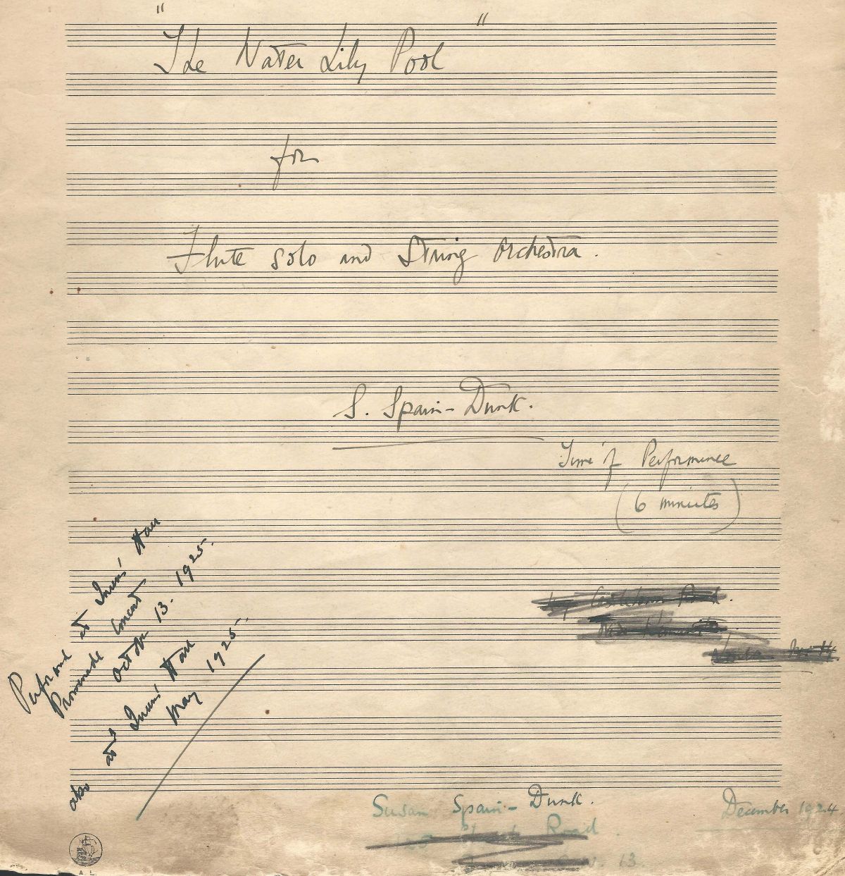 Cover of manuscript for the piece Water Lily Pool for Flute solo and String Orchestra, by Susan Spain-Dunk.