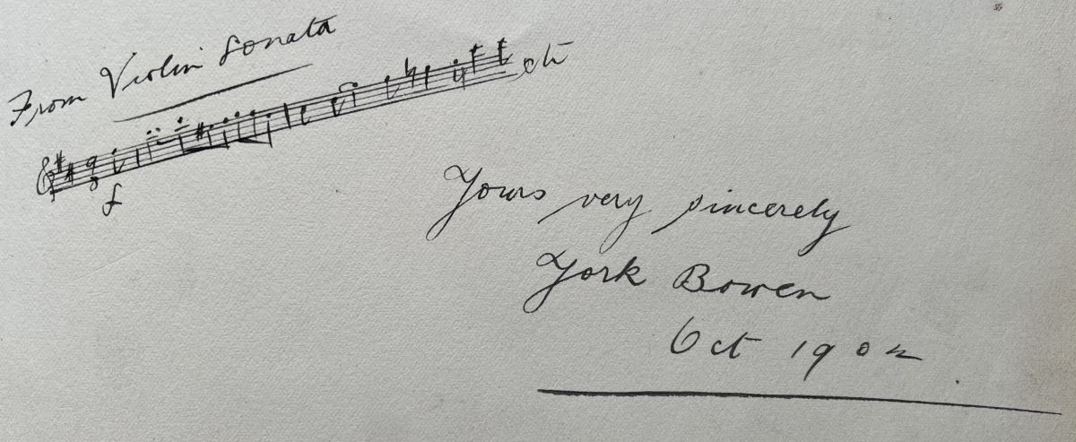 An autograph by York Bowen including his signature and a short excerpt of his music, from the autograph book of Susan Spain-Dunk